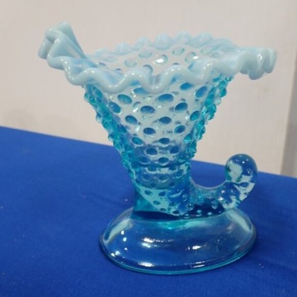 Fenton Blue Opalescent Hobnail Glass Cornucopia Horn Candleholder Vase Set of 2 - Picture 4 of 6